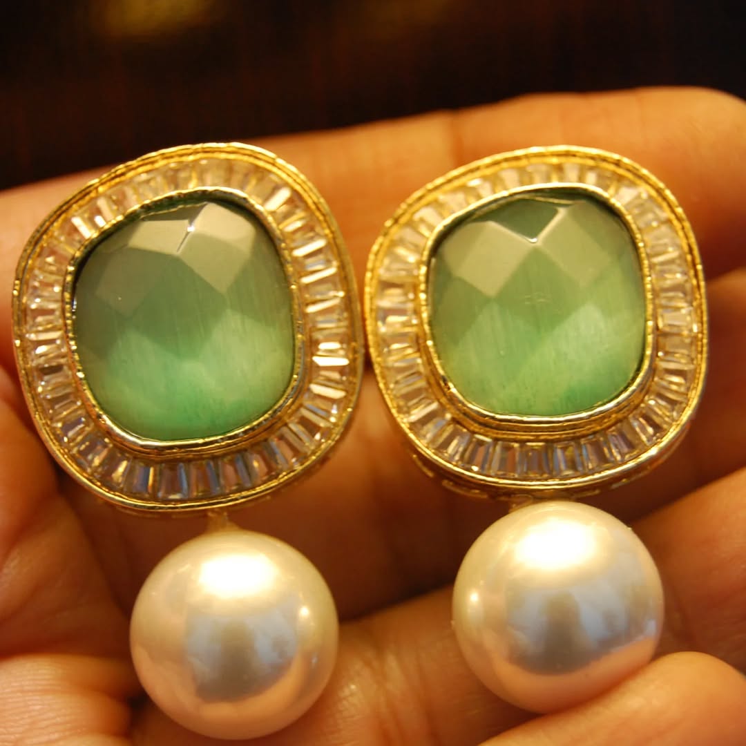 JADE GREEN, ZIRCON & PEARL EARRINGS