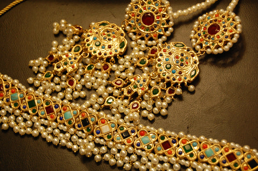 NAURATAN MULTI & PEARLS CHOKER SET