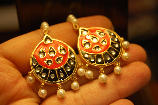ORANGE MEENA & KUNDAN EARRINGS