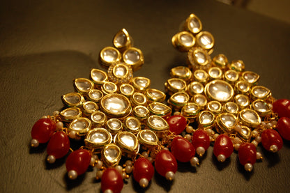 INDIAN POLKI KUNDAN EARRINGS WITH RED