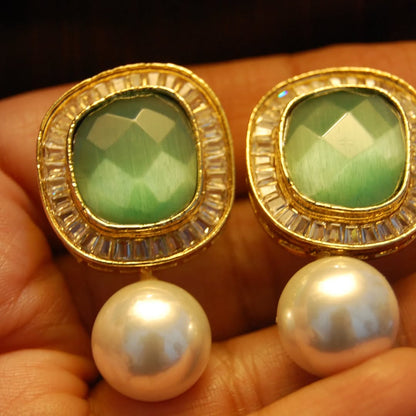 JADE GREEN, ZIRCON & PEARL EARRINGS