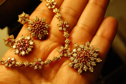 SOUTH INDIAN NECKLACE SET IN RED & ZIRCON