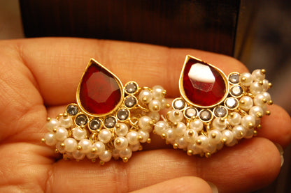 RED KUNDAN & PEARL EARRINGS
