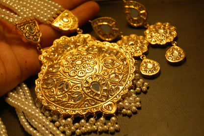 ELEGANT LONG KUNDAN,  PEARLS MALA & EARRINGS SET