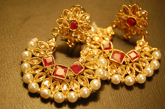 CHAAND BALIS IN PEARLS, RED & CHAMPAGNE