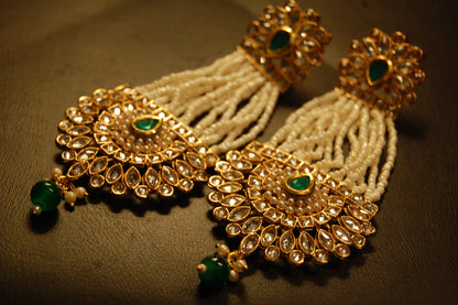 JHOOMAR STYLE EARRINGS IN KUNDAN, PEARLS & GREEN