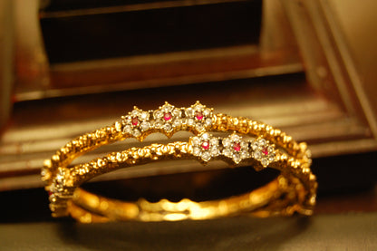 PAIR OF ELEGANT FLORAL RED & ZIRCON BANGLE
