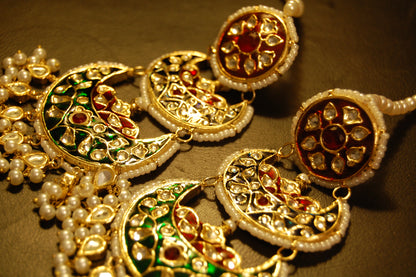 RED BLUE & GREEN MEENA & KUNDAN LONG EARRINGS