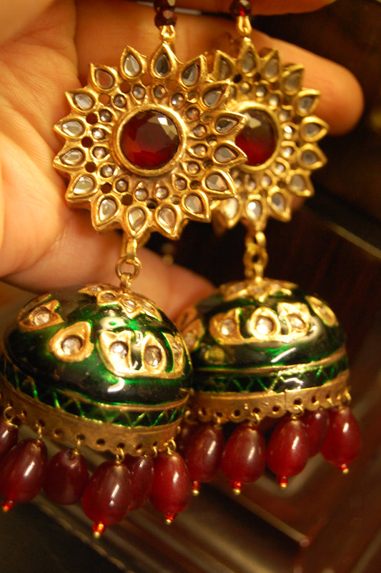 GREEN MEENA & RED KUNDAN JHUMKAS