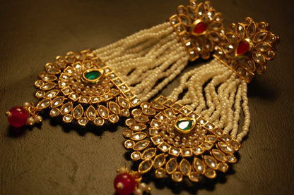 JHOOMAR STYLE EARRINGS IN KUNDAN, PEARLS, RED & GREEN