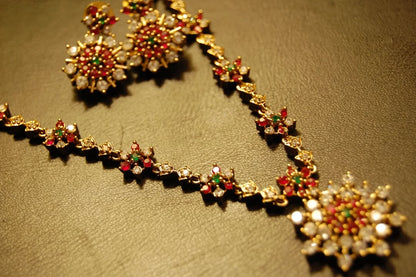 SOUTH INDIAN NECKLACE SET IN RED, GREEN & ZIRCON