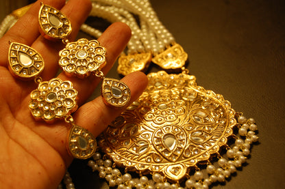 ELEGANT LONG KUNDAN,  PEARLS MALA & EARRINGS SET