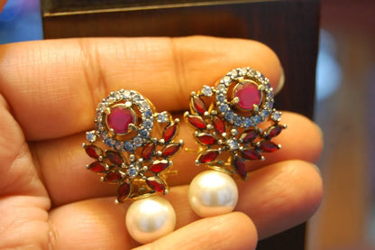 RED, PEARL & ZIRCON EARRINGS