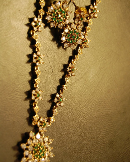 SOUTH INDIAN NECKLACE SET IN GREEN & ZIRCON