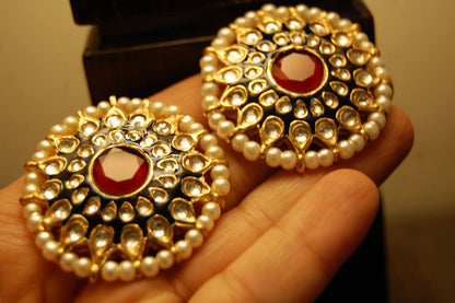 BLUE MEENA EARRINGS WITH KUNDAN & RED STONES