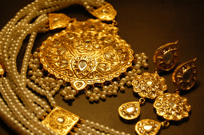 ELEGANT LONG KUNDAN,  PEARLS MALA & EARRINGS SET