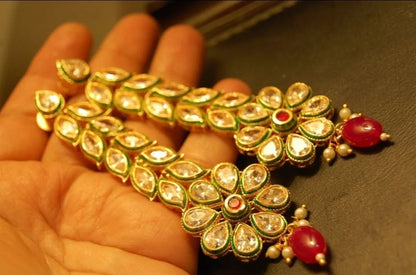 LONG KUNDAN FLORAL EARRINGS WITH RED