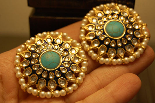 BLUE MEENA EARRINGS WITH KUNDAN & FEROZY STONES
