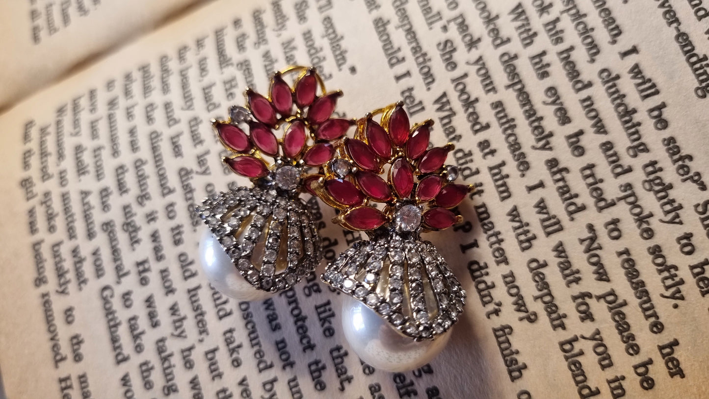 PEARL EARRINGS WITH RED STONES