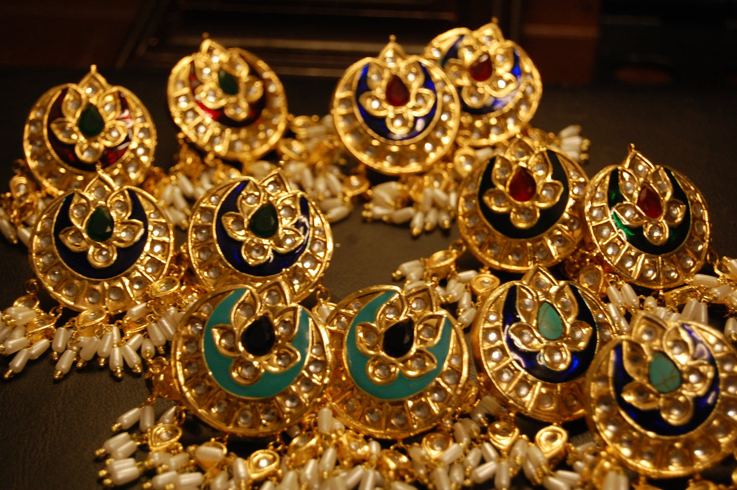 BLUE MEENA & RED STONE  EARRINGS WITH PEARLS
