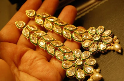 LONG KUNDAN FLORAL EARRINGS WITH WHITE PEARL