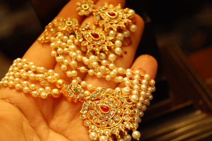 SOUTH INDIAN PEARL NECKLACE SET IN RED, GREEN & ZIRCON