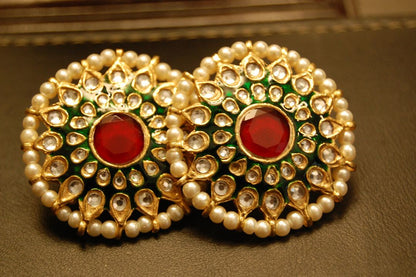 GREEN MEENA EARRINGS WITH KUNDAN & RED STONES