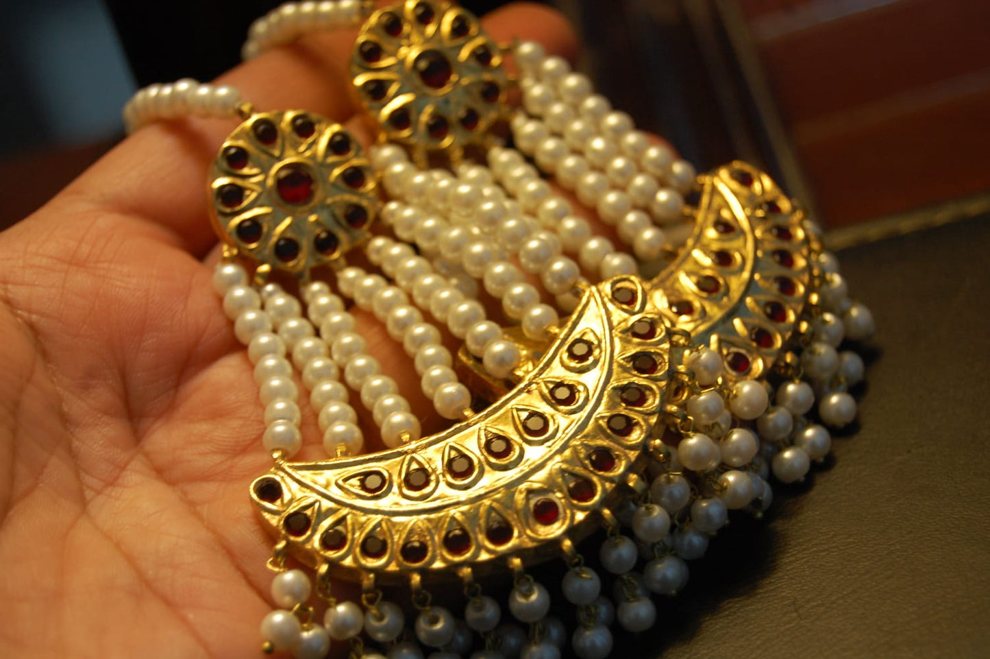 JHOOMAR STYLE EARRINGS IN PEARLS & RED