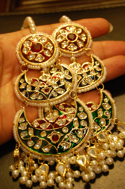 RED BLUE & GREEN MEENA & KUNDAN LONG EARRINGS