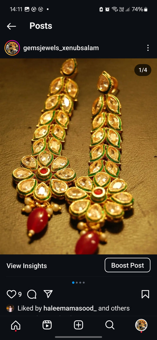 LONG KUNDAN FLORAL EARRINGS WITH RED
