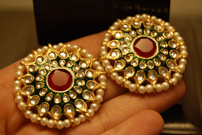 GREEN MEENA EARRINGS WITH KUNDAN & RED STONES
