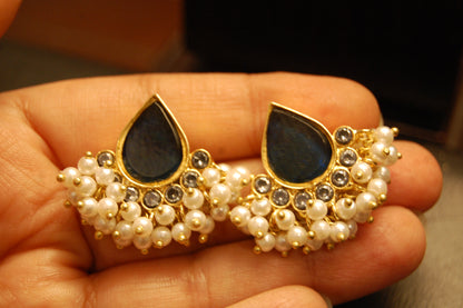 BLUE, KUNDAN & PEARL EARRINGS