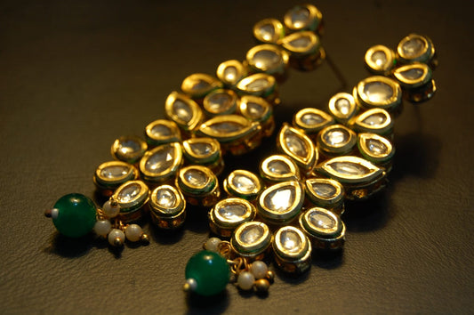 INDIAN POLKI KUNDAN EARRINGS WITH GREEN
