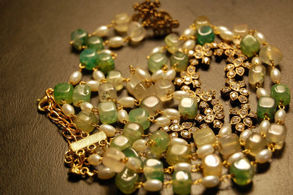 PEARL & JADE GREEN MALA WITH ZIRCON STRING