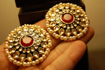 BLUE MEENA EARRINGS WITH KUNDAN & RED STONES