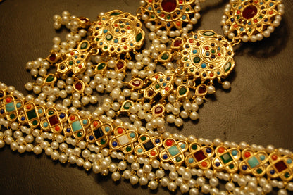 NAURATAN MULTI & PEARLS CHOKER SET