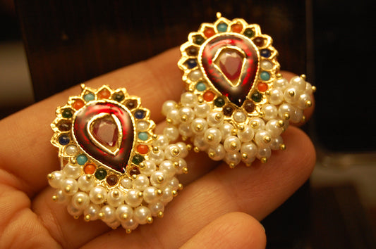 MULTI STONE EARRINGS WITH RED MEENA