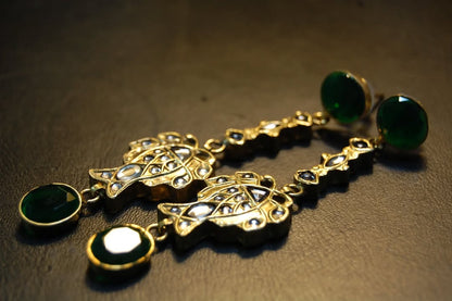 TRADITIONAL FISH STYLE EARRINGS IN KUNDAN & GREEN