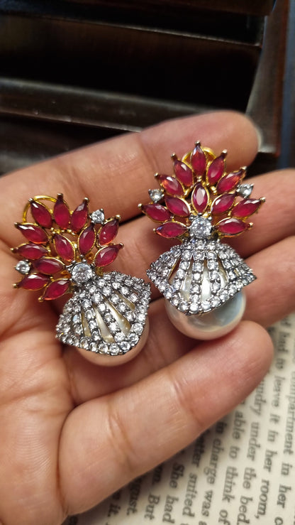 PEARL EARRINGS WITH RED STONES