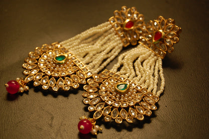 JHOOMAR STYLE EARRINGS IN KUNDAN, PEARLS, RED & GREEN