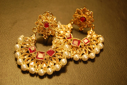 CHAAND BALIS IN PEARLS, RED & CHAMPAGNE