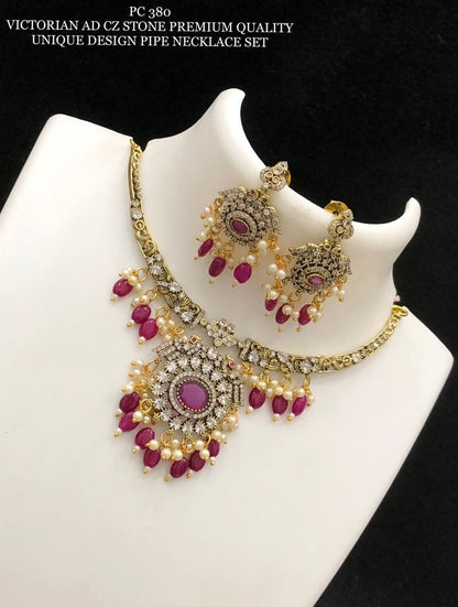 SOUTH INDIAN NECKLACE SET IN RED & ZIRCON
