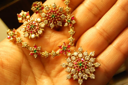 SOUTH INDIAN NECKLACE SET IN RED, GREEN & ZIRCON