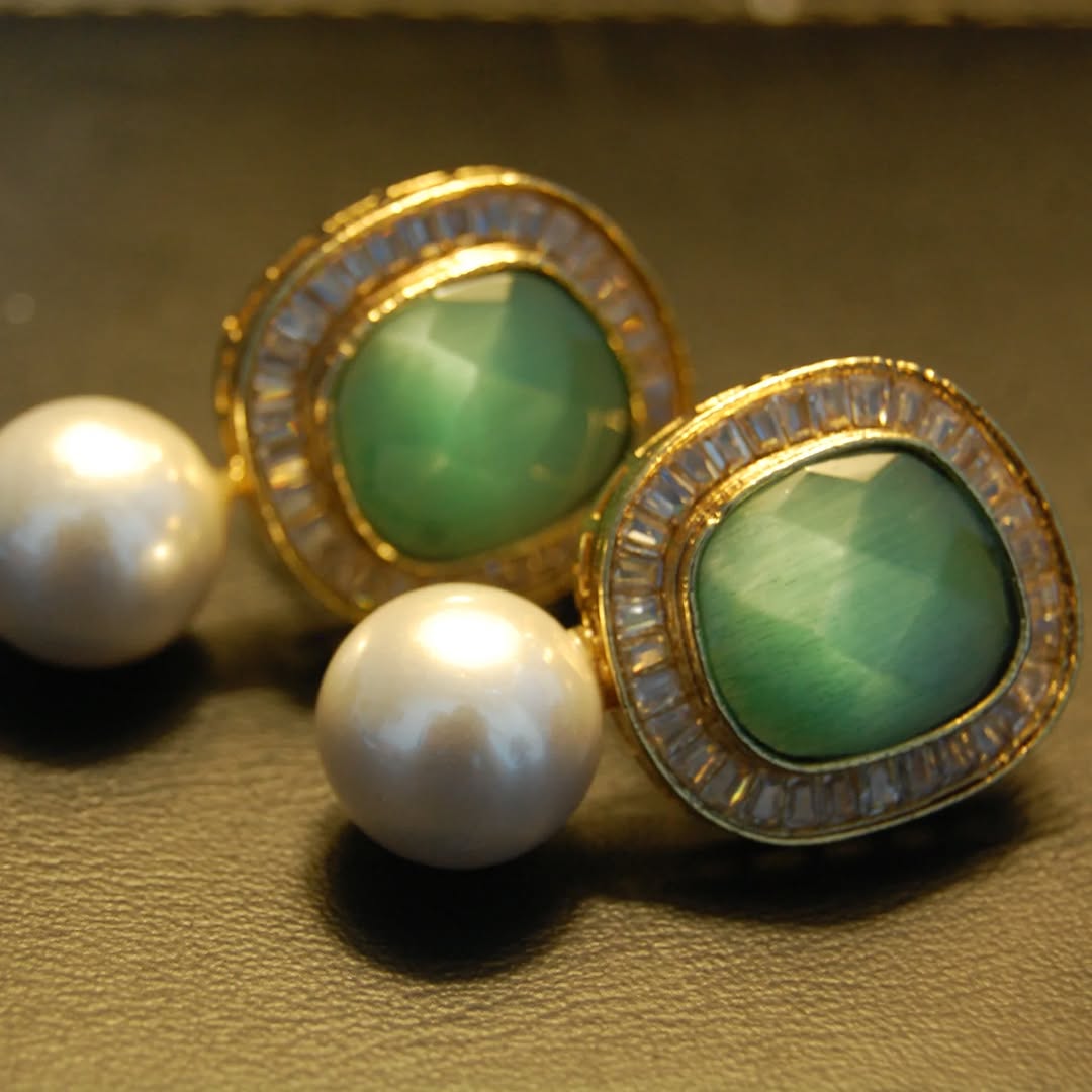 JADE GREEN, ZIRCON & PEARL EARRINGS