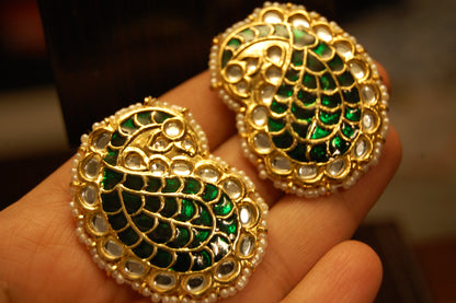 GREEN KUNDAN & MEENA PAISLEY EARRINGS