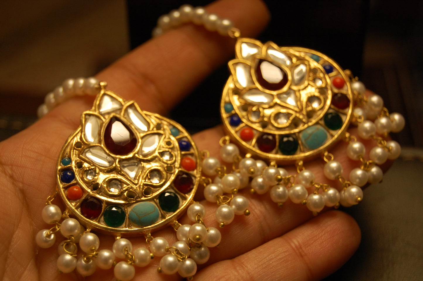 MULTI KUNDAN & PEARLS EARRINGS