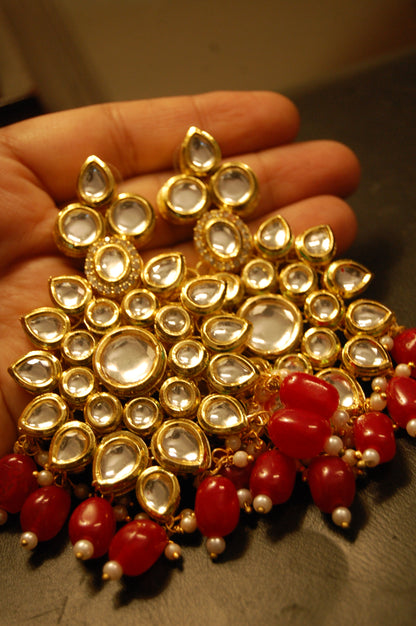 INDIAN POLKI KUNDAN EARRINGS WITH RED