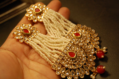 JHOOMAR STYLE EARRINGS IN KUNDAN & PEARLS & RED
