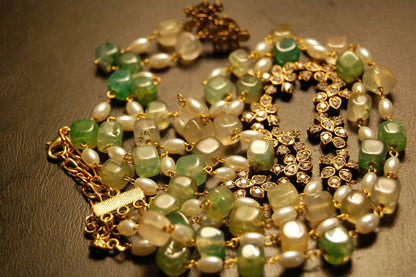 PEARL & JADE GREEN MALA WITH ZIRCON STRING