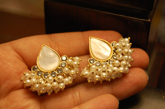 MOTHER OF PEARL KUNDAN & PEARL EARRINGS